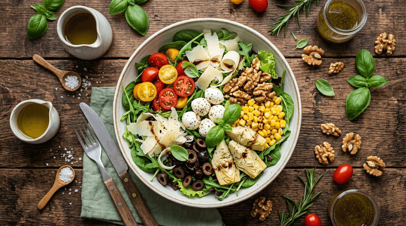 Una fresca insalata italiana con mozzarella, pomodorini, noci, mais e carciofi