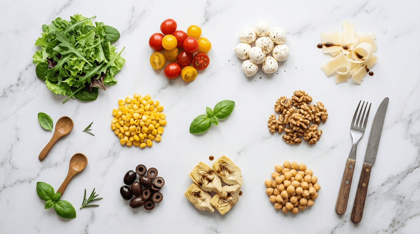 I nostri ingredienti freschi: insalata, pomodorini, mozzarella, parmigiano, noci, mais, carciofi, olive, ceci